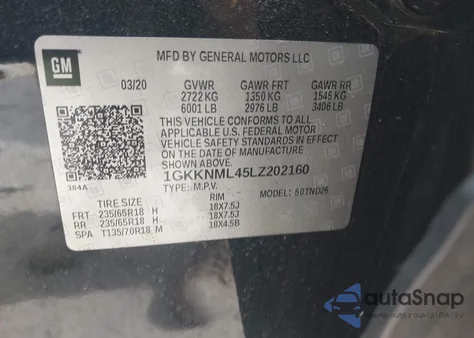 2020 GMC Acadia Fwd Slt из США, поврежденный, VIN 1GKKNML45LZ202160